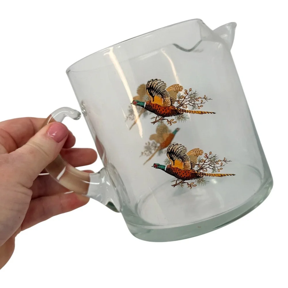 West Virginia Glass Pheasant Cocktail Pitcher 1960s Glass Clear 5.25in Ice Lip